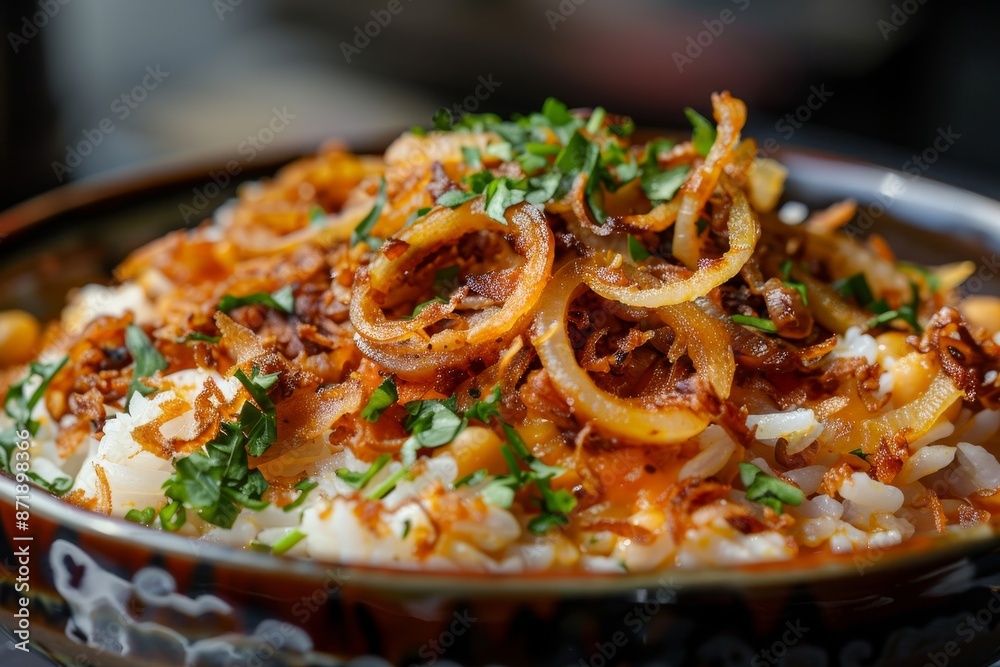 Fried onions used as topping for Koshary with lentils rice chickpeas tomato sauce and crispy onions Fried onions used as topping for Koshary with lentils rice chickpeas tomato sauce and crispy onions