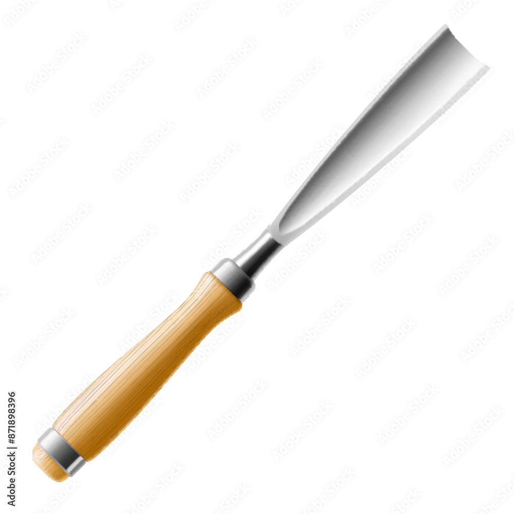 Chisel, carpentry hand tools for woodworking and wood carving. Stand for working with wood. Chisel with wooden handle isolated on transparent background. Realistic 3d Vector illustration. Chisel, carpentry hand tools for woodworking and wood carving. Stand for working with wood. Chisel with wooden handle isolated on transparent background. Realistic 3d Vector illustration.
