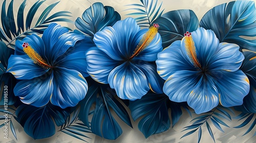 Colorful Blue and Green Hawaiian Lei Flowers, Tropical Foliage Decorative Painting, Tropical Foliage D photo