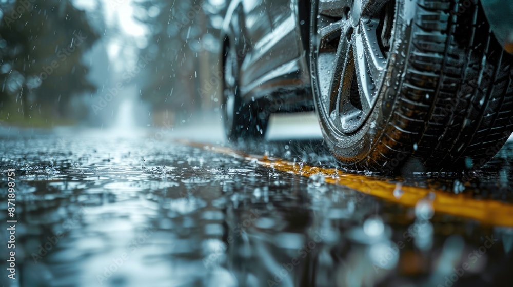 Image showcasing Driving car with safety tire wheel on dangerous wet road while rain ...