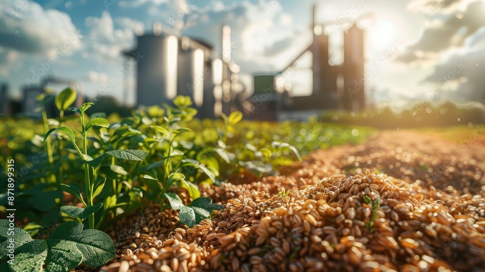 Fototapeta premium Alternative animal feed: distillers grains, clover, oats, and single-cell protein being mixed, hyper realistic, sustainable farming