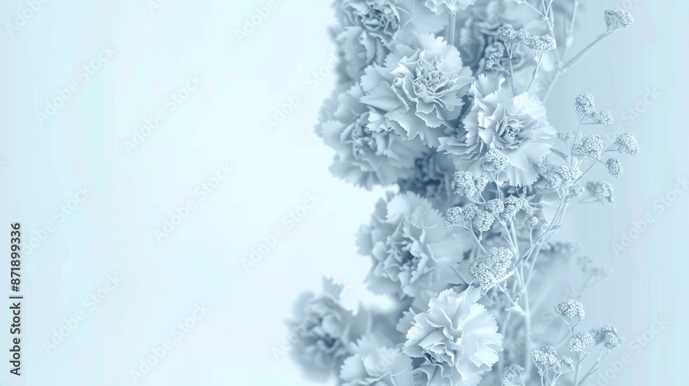 A bouquet of light blue carnations and dried flowers arranged against a soft white background SEAMLESS PATTERN A bouquet of light blue carnations and dried flowers arranged against a soft white background SEAMLESS PATTERN