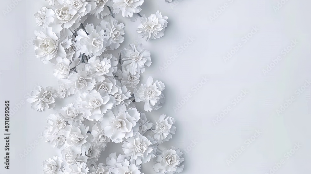 A bouquet of light blue carnations and dried flowers arranged against a soft white background SEAMLESS PATTERN A bouquet of light blue carnations and dried flowers arranged against a soft white background SEAMLESS PATTERN