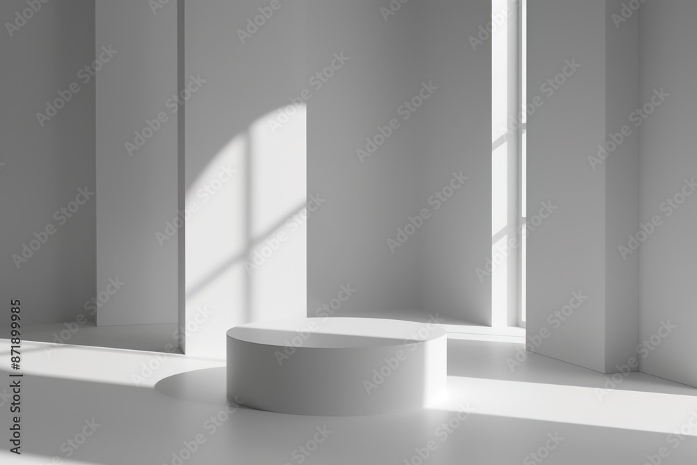 Empty podium or pedestal display on white background with cylinder stand concept. Blank product shelf standing backdrop. 3D rendering model Empty podium or pedestal display on white background with cylinder stand concept. Blank product shelf standing backdrop. 3D rendering model