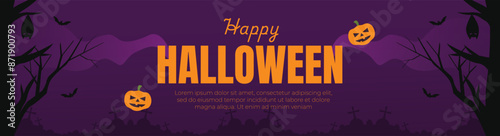 Happy Halloween banner background color purple and black. halloween bats and pumpkin orange, vector illustration