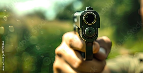 Person Pointing a Pistol Outdoors