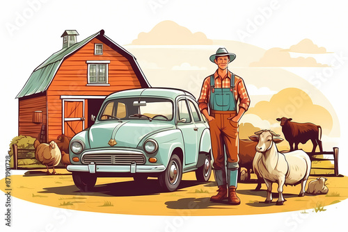 Farming and agriculture concept. Smiling male farmer stand in front of animals at farm after work and harvest. Cartoon flat illustration
