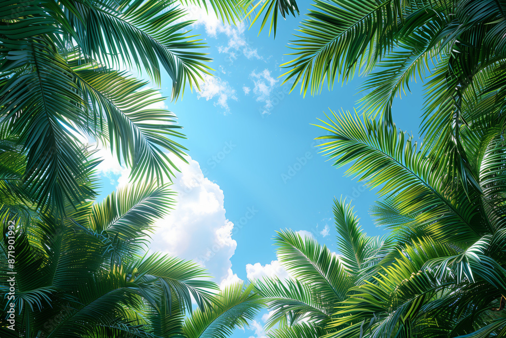A view of the sky through lush green palm leaves on a sunny day. Tropical paradise scene with vibrant foliage. Copy space for text in the middle. A view of the sky through lush green palm leaves on a sunny day. Tropical paradise scene with vibrant foliage. Copy space for text in the middle.