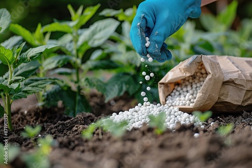 Farmer in blue gloves with fertilizer grains to soil. Hands applying mineral fertilizer white granules to green plant. Vegetable garden. Agriculture industry, development, economy investment growth photo