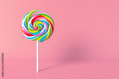 Colorful Swirled Lollipop on Pink Background