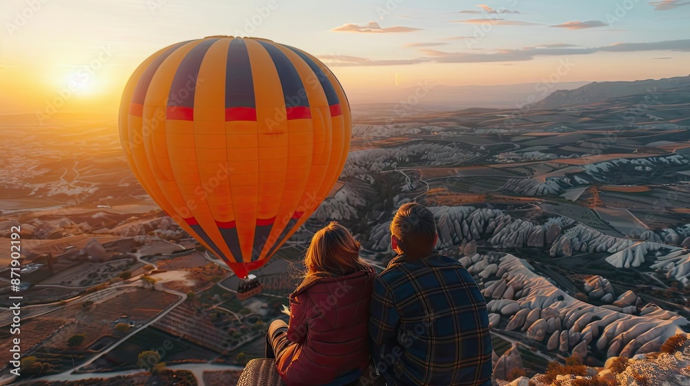 Obraz premium Couple enjoying a hot air balloon ride over scenic landscapes, capturing romantic and adventurous travel