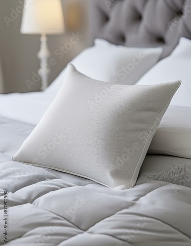 Un oreiller blanc moelleux reposant sur un lit soigneusement fait avec des draps doux et gris clair et une couette matelassée photo