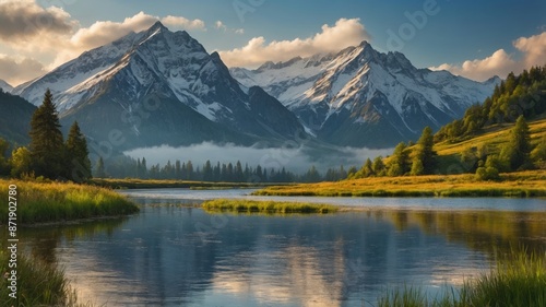 A tranquil mountain lake surrounded by lush greenery, with snow-capped peaks in the background under a partly cloudy sky. 