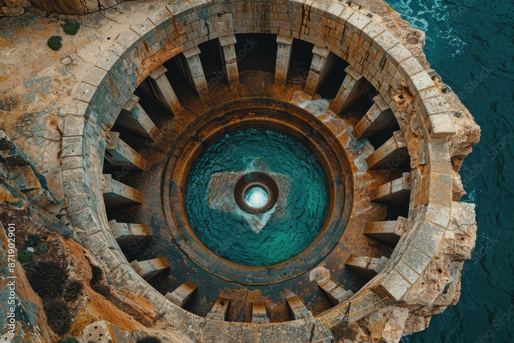 Aerial view of a circular stone structure with a central water pool surrounded by steps near the coastline. Aerial view of a circular stone structure with a central water pool surrounded by steps near the coastline.