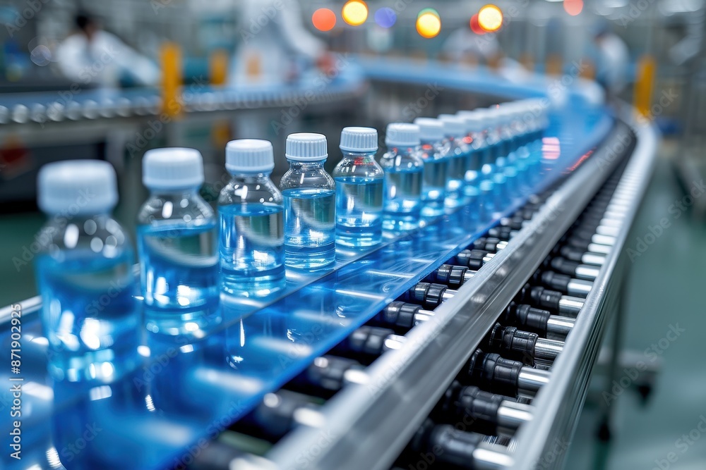Bottled water production line in a factory with plastic bottles moving on conveyor. Industrial automation and manufacturing process. Bottled water production line in a factory with plastic bottles moving on conveyor. Industrial automation and manufacturing process.