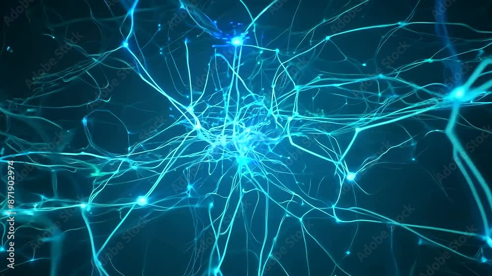 A stunning macro cinematography scene that takes viewers on a journey through a neuron cell network inside the brain. A techno blue color palette, with electric impulses passing 
