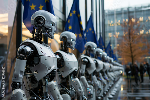robot cyborg with artificial intelligence in europe union. Eu stars and sign flags