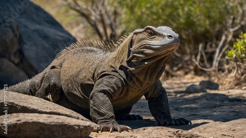 A wild iguana basks in the sun on a rocky terrain, displaying its rugged features and natural habitat in a desert environment. 