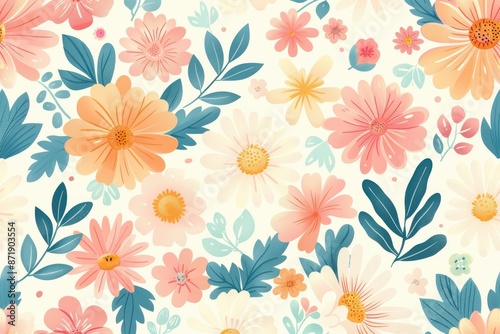 seamless floral design of orange and yellow flowers in watercolor on light background