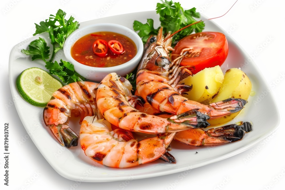 Grilled 5 black tiger shrimps with potatoes and fresh veggies served with chili seafood sauce on a white plate Grilled 5 black tiger shrimps with potatoes and fresh veggies served with chili seafood sauce on a white plate