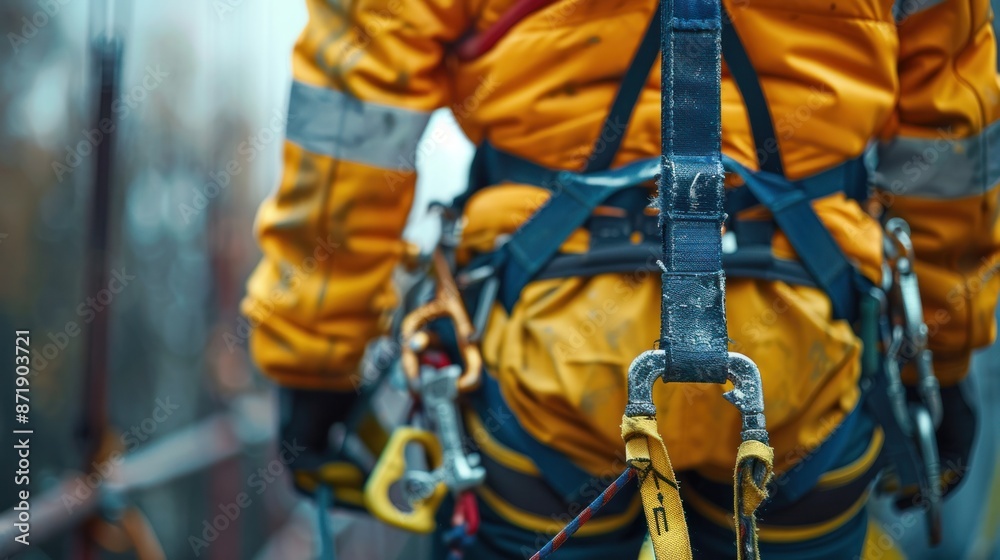 Detailed shot of fall arrestor equipment on a worker's safety harness, ensuring safety compliance during work at height. Perfect for stock images emphasizing safety protocols in construction. Detailed shot of fall arrestor equipment on a worker's safety harness, ensuring safety compliance during work at height. Perfect for stock images emphasizing safety protocols in construction.