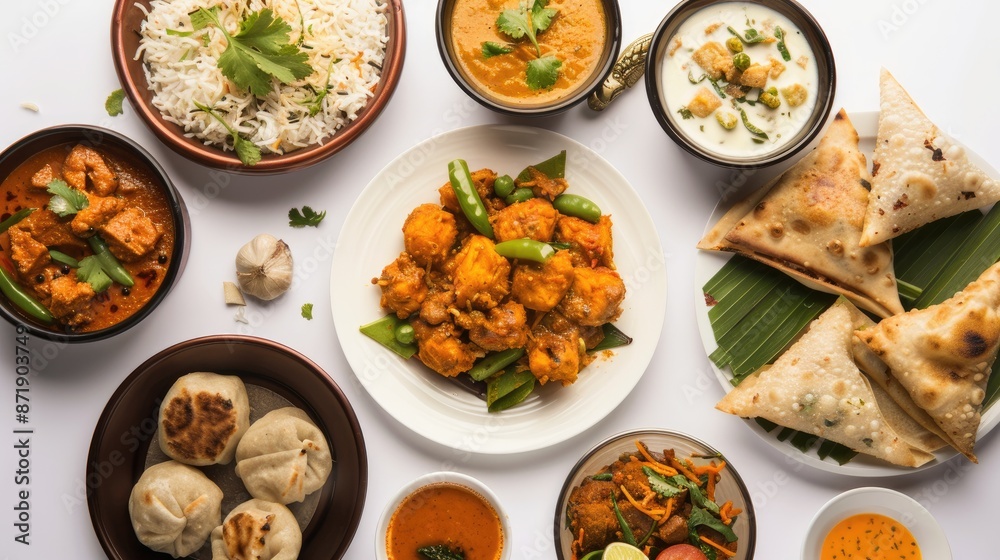 Top view Indian food collection isolated on white background including momos, chicken in butter sauce with rice, samosas and pani puri. Top view Indian food collection isolated on white background including momos, chicken in butter sauce with rice, samosas and pani puri.