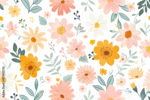 seamless floral pattern featuring watercolor orange and yellow flowers on light background
