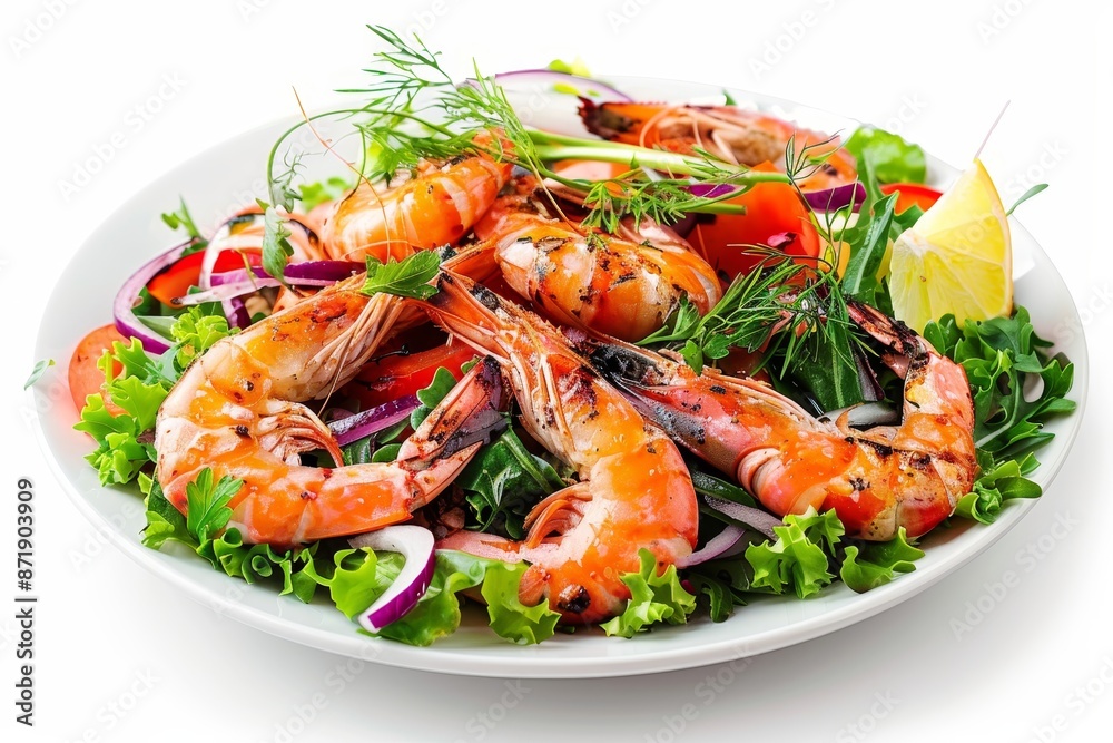 Grilled Giant prawns salad on white plate White background Grilled Giant prawns salad on white plate White background