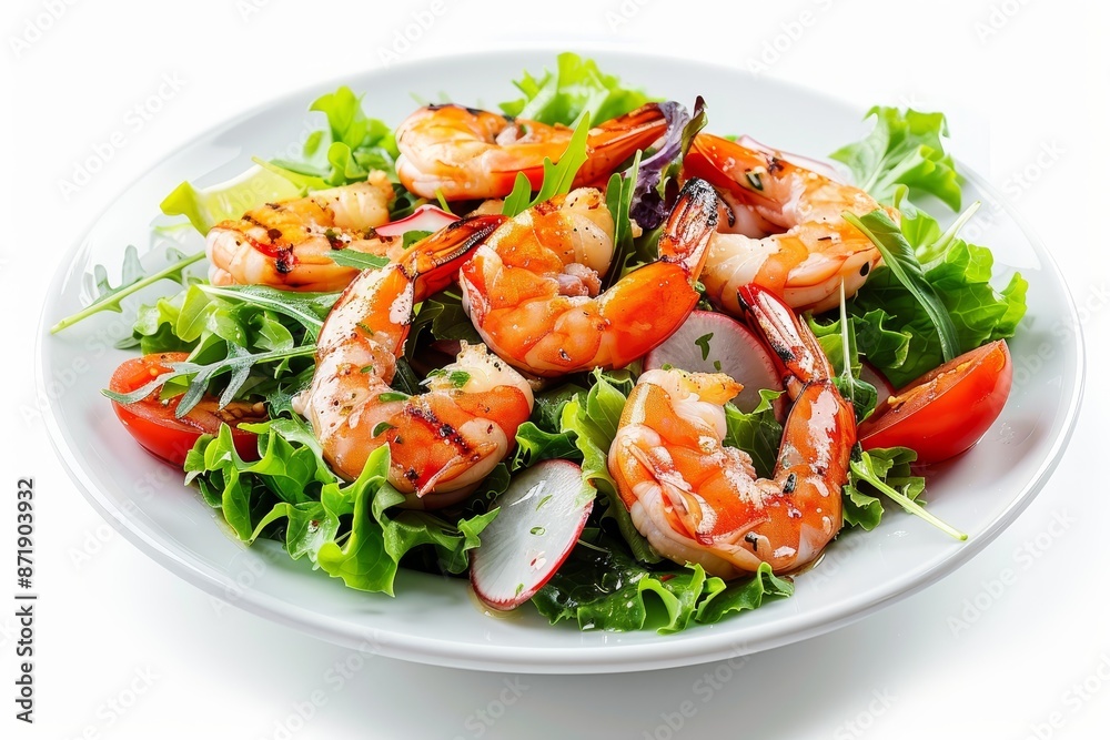 Grilled giant shrimp prawns salad on white background Grilled giant shrimp prawns salad on white background