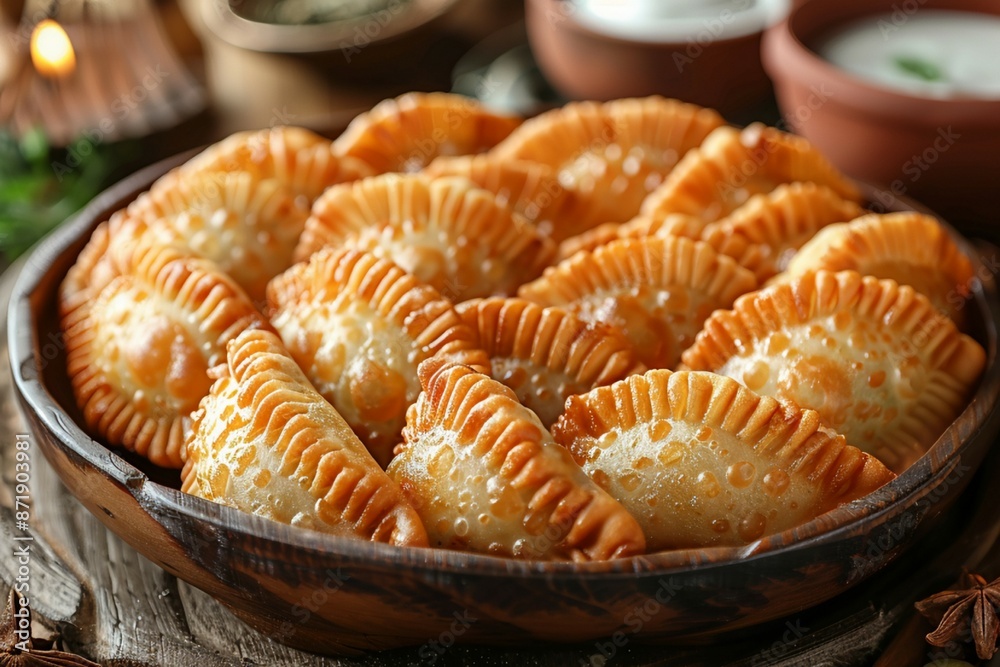 Wooden Bowl Filled with Baked Pastries on Top of a Table Wooden Bowl Filled with Baked Pastries on Top of a Table