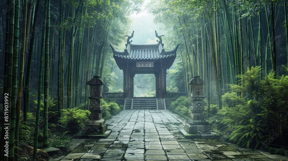 Obraz premium A peaceful shrine surrounded by tall bamboo trees and a stone pathway leading to it
