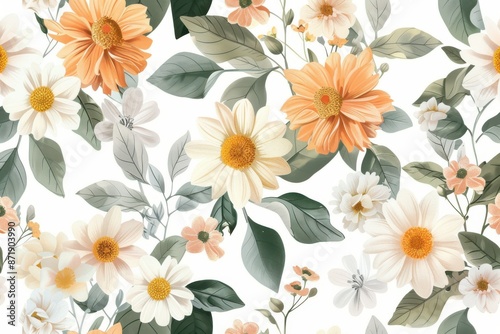 seamless watercolor floral pattern of orange and yellow flowers on a light background