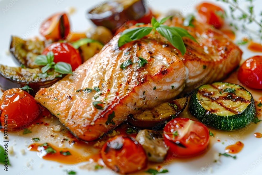 Grilled salmon with assorted veggies on white plate Grilled salmon with assorted veggies on white plate