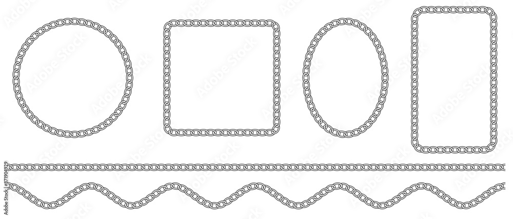 Vector set of borders in the shape of square, circle, oval, wave. Braided chain frames isolated on a white background. Chain brushes for fashion and digital illustration. Vector set of borders in the shape of square, circle, oval, wave. Braided chain frames isolated on a white background. Chain brushes for fashion and digital illustration.