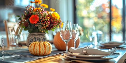 Elegant fall-themed table setting with pumpkins and floral centerpiece.