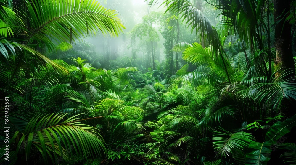 Lush Tropical Rainforest with Diverse Plant Species, Sunlight Streaming Through the Canopy Lush Tropical Rainforest with Diverse Plant Species, Sunlight Streaming Through the Canopy
