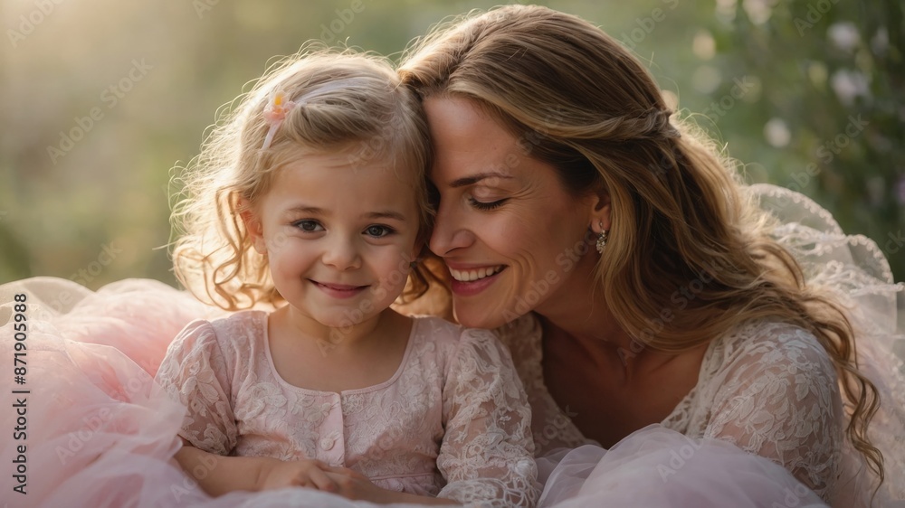 Portrait of a smiling mother and daughter in an outdoor setting, both wearing light-colored dresses, exuding warmth and love.
Portrait of a smiling mother and daughter in an outdoor setting, both wearing light-colored dresses, exuding warmth and love.