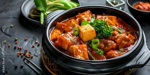Traditional Korean soybean paste stew with tofu and vegetables in clay pot. Concept Korean cuisine, Soybean paste stew, Tofu, Vegetables, Clay pot