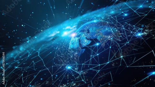 Digital Representation of Earth Encased in a Futuristic Network Grid, Illustrating Global Connectivity and Data Exchange in Outer Space