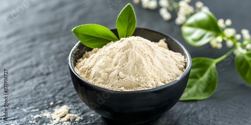 Product photography of white Kava Kava powder for natural wellness products. Concept Product Photography, White Kava Kava Powder, Natural Wellness Products photo