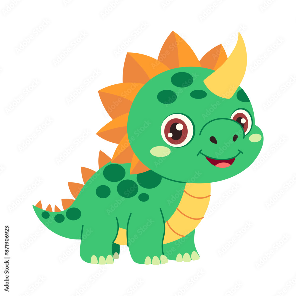 Fototapeta premium A cartoon dinosaur with a green body and orange spikes on its head. It has a big smile on its face