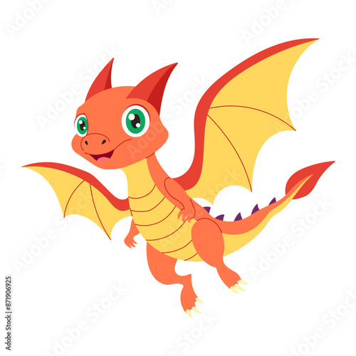 A cartoon dragon with a yellow and orange body and red wings. The dragon is smiling and has green eyes