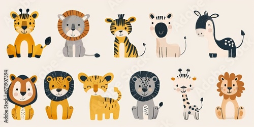 Cute animal illustrations featuring lions, giraffes, and other animals on a dark background. photo