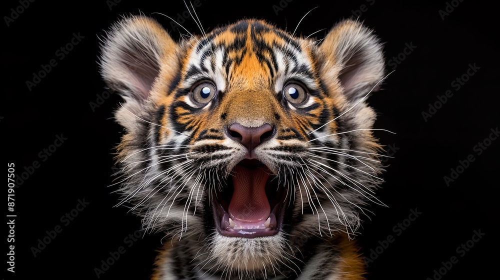 Obraz premium A baby tiger is smiling and has its mouth open
