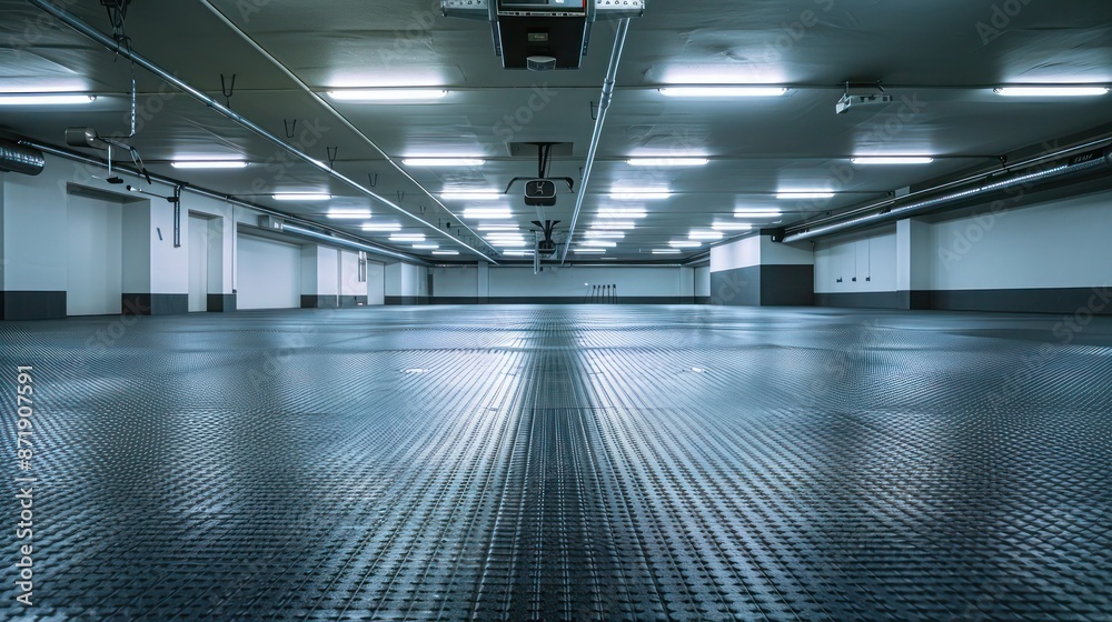 Naklejka premium Matte finish rubber tiles in a spacious garage, subtly reflecting fluorescent lights