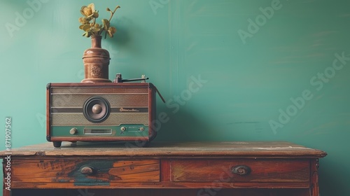 retro vintage and stylish radio as a wide banner for media conversations or podcast streamers concepts with copyspace area - Generative AI