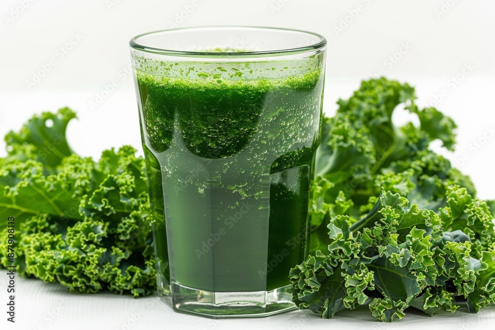 Fresh green kale juice in a glass surrounded by kale leaves on a white background. Fresh green kale juice in a glass surrounded by kale leaves on a white background.