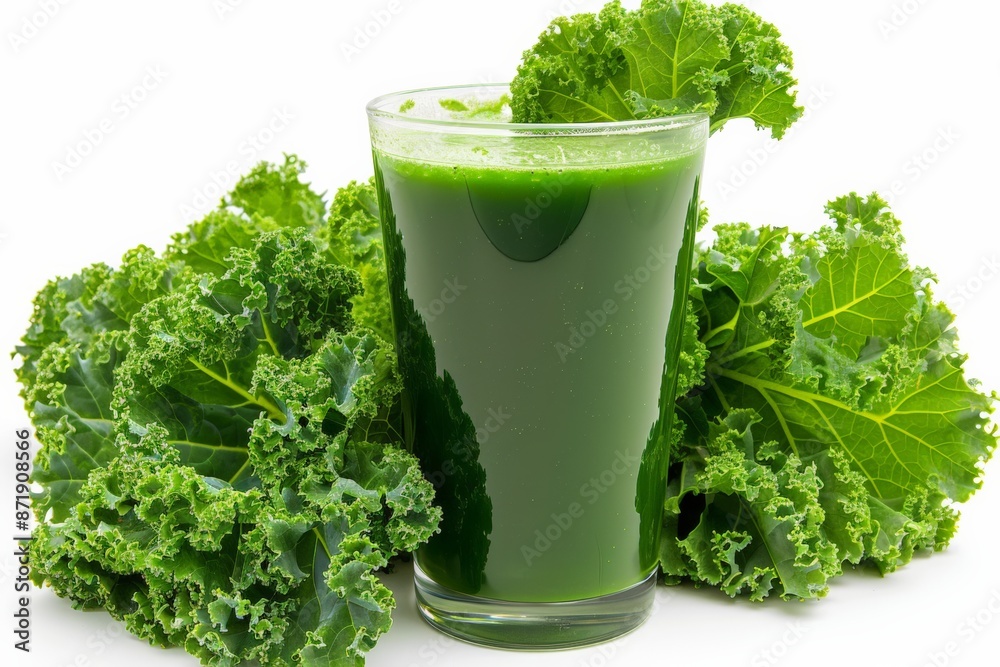 Fresh green kale juice in a glass surrounded by kale leaves on a white background. Fresh green kale juice in a glass surrounded by kale leaves on a white background.