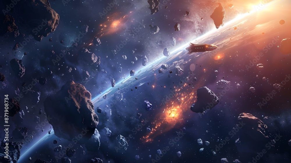 Naklejka premium Space ufo with asteroids. 