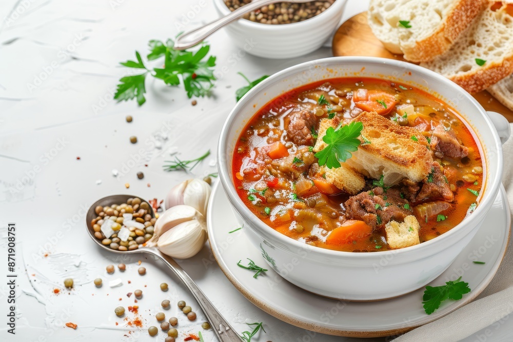 Hearty lentil soup with toppings on white background Hearty lentil soup with toppings on white background